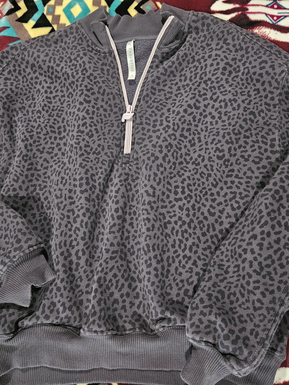 Fabletics Quarter-Zip Leopard Print Pullover in Charcoal